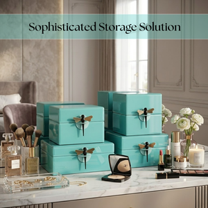 Ensemble de boîtes décoratives en verre turquoise moderne avec poignée en forme de libellule métallique |   Étuis de rangement de luxe pour bijoux et maquillage de vanité - Product Image 3