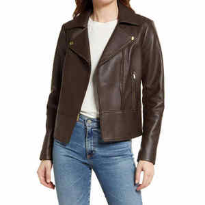 Chaqueta de Motociclista de Cuero Genuino Marrón, Cuello Camisero, Cierre de Cremallera, Corte Ajustado, Largo Corto, Manga Regular, Color Sólido, para Otoño - Product Image 6