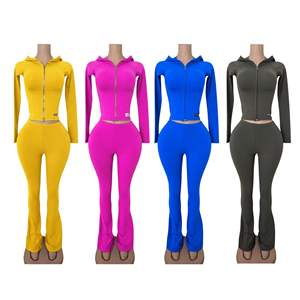 2026 Fashion Women's Two Piece Outfit - Slim Fit Full Zipper Hooded Jacket and High Waisted Flare Pants <b>Set</b> for Casual Wear - Product Image 1