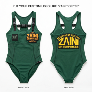 Women Premium 220 GSM Nylon Spandex Bathing Suit One Piece Swimsuit <b>Green</b> Panel Design Custom Logo Heat Transfer TPU Patch Front - Product Image 1