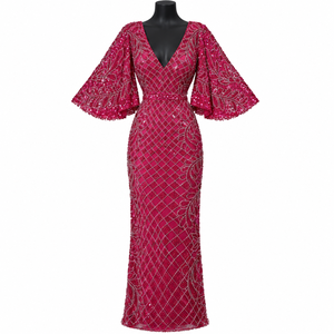 Robe de soirée rose fuchsia brodée avec des manches bouffantes évasées |   Robe de soirée longue à col en V avec détails en sequins - Product Image 1