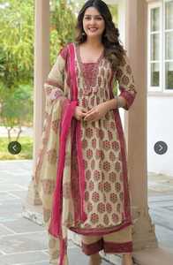 <b>Women</b> Beige Pink Printed Three Piece <b>Kurta</b> Pant Dupatta Set Traditional Indian Ethnic Wear Wholesale Manufacturer - Product Image 6