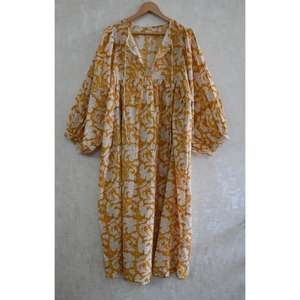 Vestido Maxi de Verano de Algodón con Estampado Floral Hecho a Mano, Lavable, Ligero, con Cuello Profundo, para Vacaciones, para Mujer - Product Image 3