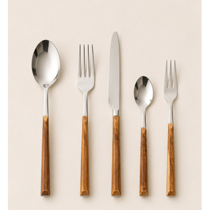 Ensemble de couverts modernes en acier inoxydable de qualité supérieure, respectueux de l'environnement, avec manches en bois naturel imitation, finition miroir élégante, logo personnalisé - Product Image 5