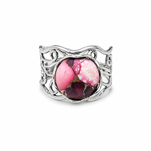 Bague en argent turquoise rose huître, pierre précieuse naturelle ronde, style cocktail vintage, bande ondulée, vente en gros - Product Image 1