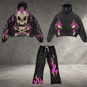 Sweat-shirt à capuche surdimensionné pour homme, imprimé crâne et flammes, style punk gothique, noir, polyester, Halloween - Product Image 5