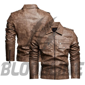 Men's Brown PU <b>Leather</b> Moto <b>Jacket</b> Slim Fit Turn-down Collar Zipper Closure <b>Long</b> Sleeve Solid Color Autumn Wear - Product Image 1