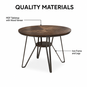 Table ronde moderne avec plateau en placage de bois géométrique MDF, structure et pieds en fer, table en bois - Product Image 3
