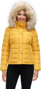 Chaqueta Acolchada Amarilla para Mujer con Capucha con Ribete de Piel, Manga Larga, Abrigo Cálido de Invierno, Largo Regular, Color Sólido - Product Image 3