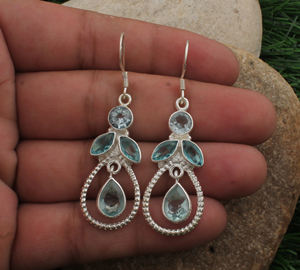 Natural <b>Blue</b> <b>Topaz</b> Solid 925 Sterling Silver Handmade Silver Plated Luxury Vintage Drop <b>Earrings</b> Wedding Anniversary Gift Party - Product Image 1