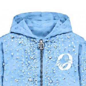 Sudadera con capucha azul cielo con cremallera completa, chaqueta estilo streetwear con cristales incrustados, sudadera con capucha de manga larga con bolsillos frontales - Product Image 3