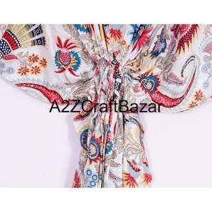 Robe Kaftan en Coton pour Femme avec Jupe Imprimée à la Main, Vêtement de Nuit d'Été, Kaftan Court et Élément de Mode Simple - Product Image 3