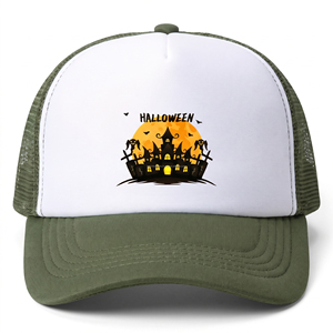 Gorra de Camionero de Halloween con Diseño de Castillo Espeluznante, Frente Blanco, Parte Trasera de Malla Verde Oliva, Ajustable, Unisex, para Fiestas - Product Image 1
