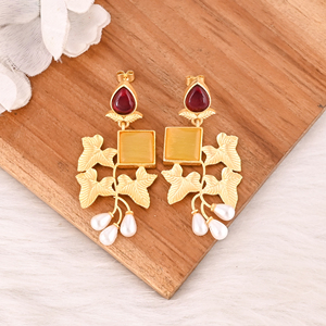 Pendientes de Latón con Perlas de Ojo de Gato Amarillo y Granate, Joyería Chapada en Oro para Mujer, Lote al por Mayor de 10 Pares - Product Image 2