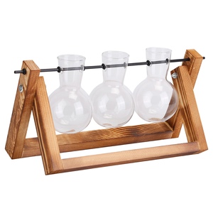 1 pezzo vaso di vetro fioriera in legno supporto idroponica pianta girevole vaso di vetro da tavolo fioriera per ufficio decorazione accessori - Product Image 6