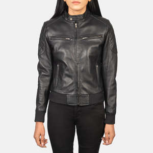 Blouson motard en cuir bleu Flashback Kelsee pour femme, fermeture éclair, col ouvert, couleur unie, doublure en polyester coupe-vent, automne - Product Image 5