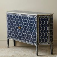 Buffet moderne rustique en bois massif avec incrustations en os, motif hexagonal bleu marine, console de rangement pour salon