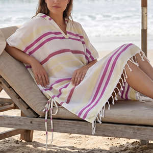 Poncho de plage turc beige rouille rayé, serviette à capuche Fouta, robe de change pour le surf, la natation, la piscine et les vêtements de plage côtière - Product Image 5