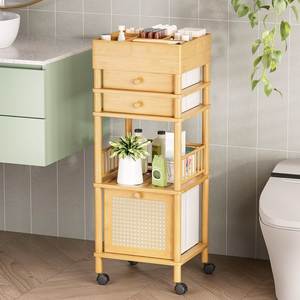 Chariot de rangement esthétique en teck pour salle de bain avec tiroirs en rotin mobiles - Product Image 1