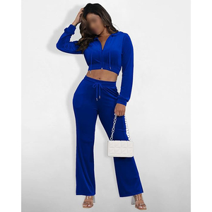 Women's Blue Velvet Cropped Hoodie And Jogger <b>Pants</b> Set Full Zip Long Sleeve Loose Fit Casual Two Piece Tracksuit With Pockets - Product Image 4