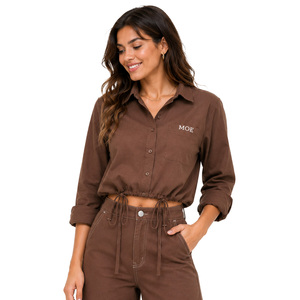 Custom Ladies Cropped Drawstring women's shirt Adjustable Hem Shirt Utility Inspired Casual <b>Top</b> Relaxed Fit Fashion Button Down - Product Image 1