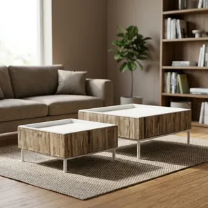 Modern Square Wood <b>Nesting</b> Coffee <b>Tables</b> Tray Top Minimalist Metal Frame Living Room - Product Image 3