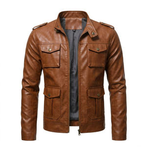 Chaqueta de Cuero PU Personalizada para Hombre, Corte Ajustado, Color Marrón Claro, Estilo Casual con Múltiples Bolsillos y Epaulettes en los Hombros, Chaqueta Estilo Motero - Product Image 1