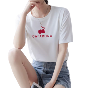Women's <b>White</b> Short Sleeve <b>T</b>-<b>Shirt</b> 100% Cotton O-Neck Regular Fit Cherry Embroidery Casual Jersey Knitted Spring Summer - Product Image 4
