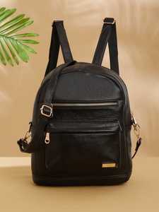 Women's <b>Black</b> <b>Backpack</b> Classic Style Zipper Closure Saffiano Texture Shoulder Strap Large Capacity <b>Waterproof</b> Office Handbag - Product Image 2