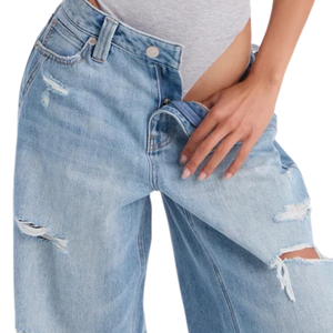 <b>Women's</b> <b>Light</b> <b>Blue</b> Solid Mid Waist Wide Leg Regular Fit Full Length <b>Jeans</b> Enzyme Wash <b>Ripped</b> Vintage Casual 100% Cotton Quick - Product Image 5