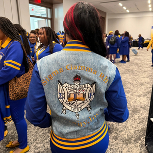 SGRho 1922 Light Blue <b>Denim</b> Bomber <b>Jacket</b> Royal Blue Sleeve Varsity Style Embroidered Crest Sorority College Casual Fashion - Product Image 6
