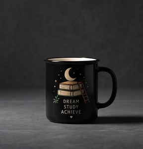 Glossy <b>Black</b> Iron Enamel Mug Dream Study Achieve Books Moon Print Metal Coffee <b>Cup</b> Wholesale Direct Factory Partner Market Hub - Product Image 1