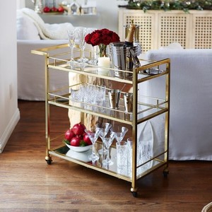Stylish Rolling Gold Finish Iron Bar Cart with Glass Shelves <b>Serving</b> <b>Trolley</b> for Home Bar Kitchen Dining Room Home Hotel Decor - Product Image 4