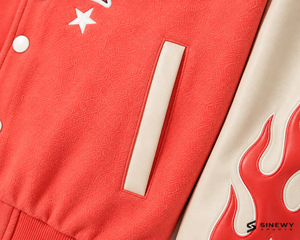 เสื้อแจ็คเก็ตวาร์ซิตี้สีแดงคอรัลสำหรับผู้ชาย SINEWY SPORTS ปักลายต้นปาล์ม LA แขนเสื้อลายเปลวไฟ เสื้อแจ็คเก็ตเบสบอลลำลองสำหรับใส่ในฤดูใบไม้ร่วง - Product Image 5