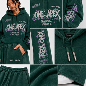 Ensemble de survêtement ONE APEX pour femme, vert forêt, délavé à l'acide, coupe classique, 100% coton, imprimé sérigraphié, pantalon large, style streetwear - Product Image 6