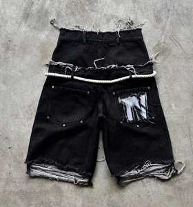 Shorts en jean délavé pour homme, taille haute, coupe droite, en coton, style décontracté d'été avec poches, tissu tissé, détails surpiqués - Product Image 5