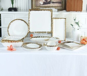 Nordic style high kiln temperature elegantly rich Gold Rimmed White Ceramic smooth glossy durable <b>Dinnerware</b> <b>Set</b> home restaurant - Product Image 1