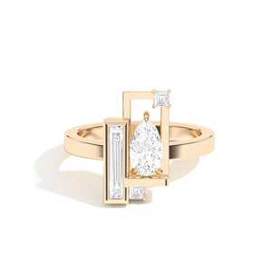 Custom Pear Baguette Cut Lab Diamond Geometric Statement <b>Ring</b> 14K 18K Solid <b>Gold</b> Modern Trendy <b>Cocktail</b> Jewelry Band Manufacture - Product Image 5