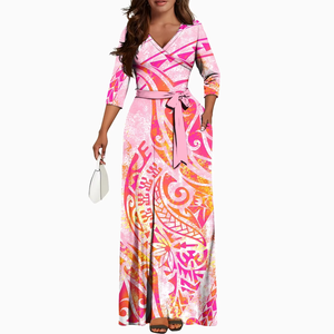 Robes pour femmes de grande taille personnalisées de style samoan Puletasi à col en V, élégantes robes polynésiennes à manches courtes pour femmes - Product Image 1