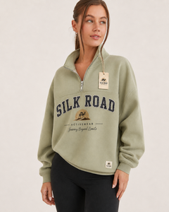 Sweat-shirt demi-zip pour femme Silk Road, col rabattu, motif uni, style décontracté, vêtement d'été, anti-boulochage, polyester/coton - Product Image 4