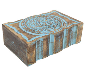 Caja de madera de mango maciza tallada a mano, 100% natural, con un diseño llamativo de color azul quemado, de primera calidad, procedente de la India. - Product Image 1