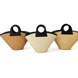 Customized Cream white ring handle straw tote <b>bag</b>,black faux‑leather contrast trim woven handbag,fan‑shaped straw <b>basket</b> shopper - Product Image 3