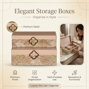 Luxury Beige Woven Glass Storage Box Set with Gold Floral Handle | Premium Decorative Jewelry Vanity Organizer for Home Decor - Product Image 4