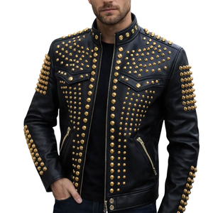 Veste de moto vintage en cuir PU noir pour homme avec col montant, fermeture éclair et logo sur le devant, style motard - Product Image 1