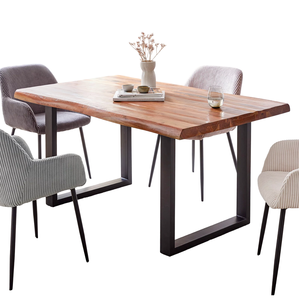 Mesa de Comedor Rectangular Industrial de Metal y Madera con Tablero de Madera de Acacia Sólida y Patas Plegables en Forma de U en Negro Mate para el Hogar y la Cocina - Product Image 1