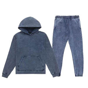 Unisex Acid Washed Cotton <b>Tracksuit</b> Hoodie And Joggers Set Solid Color Casual Autumn Wear Full Length Breathable Regular Fit - Product Image 1