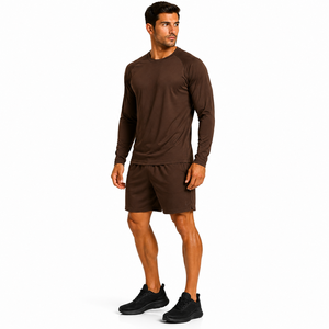 High Quality Men Short <b>Set</b> Plain Stretch Long Sleeve Crew Neck Top Matching Shorts Two Piece Short <b>Set</b> Solid Color Active Wear - Product Image 5