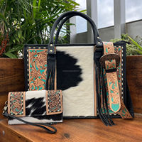Set Kombo kulit ukir tangan gaya mode baru tas Tote Bahu Wanita & dompet genggam kulit sapi desain bunga untuk wanita