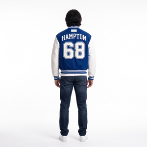 Chaqueta Varsity Personalizada OEM para Hombre, Mezcla de Lana, Mangas de Cuero Vacuno Genuino, Estilo Urbano, Chaqueta Bomber Letterman, Fabricante de Sialkot - Product Image 2