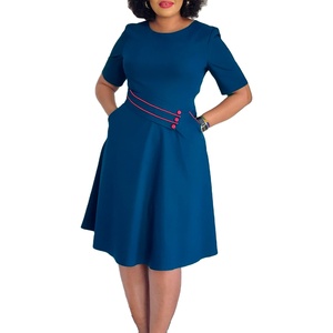 D589 nouveauté été solide robe mi-longue femmes décontracté élégant à manches courtes taille naturelle a-ligne bureau robe africaine - Product Image 6